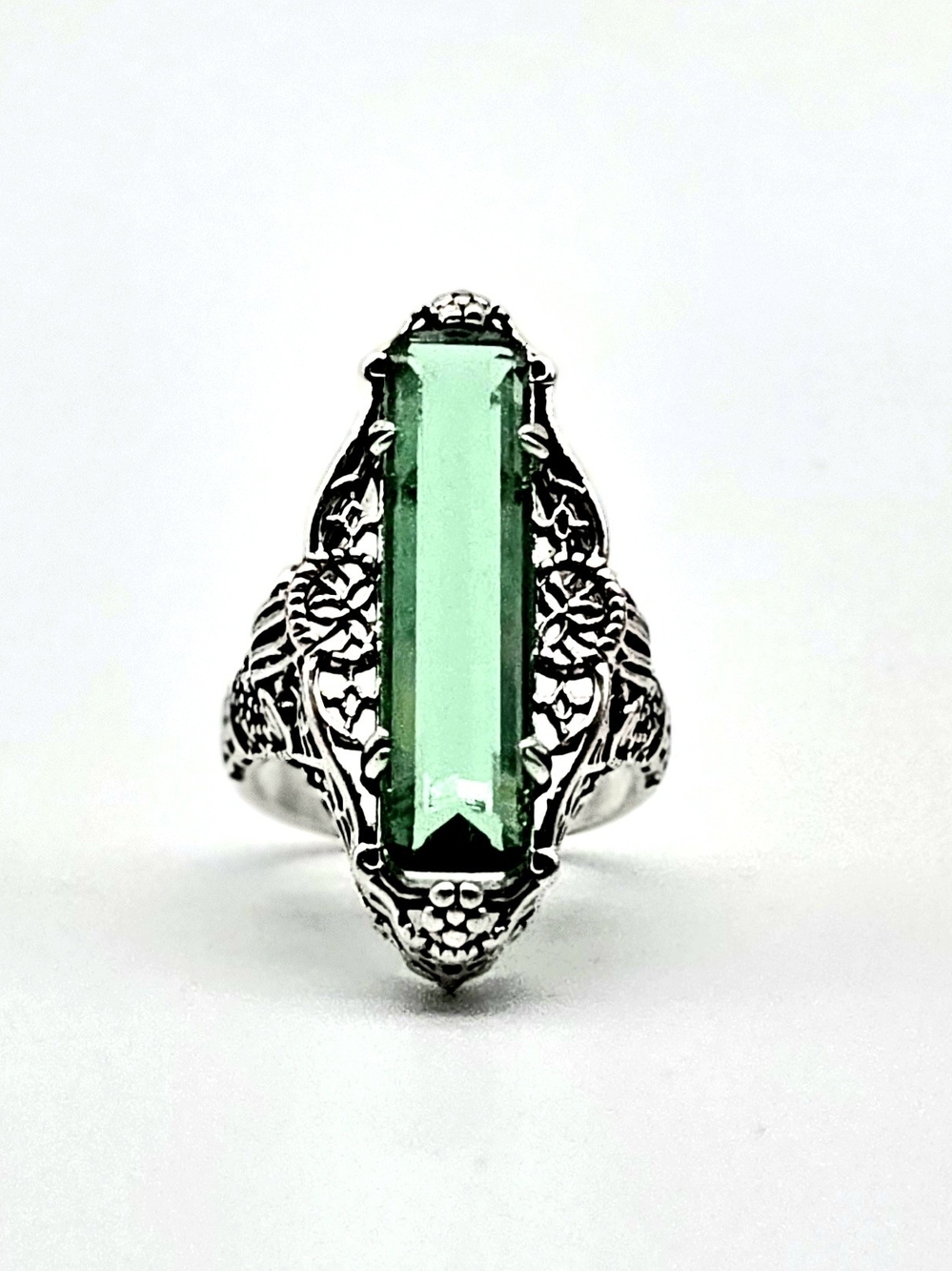 Silver Filled Filigree Ring with Green Emerald-Cut Zircon